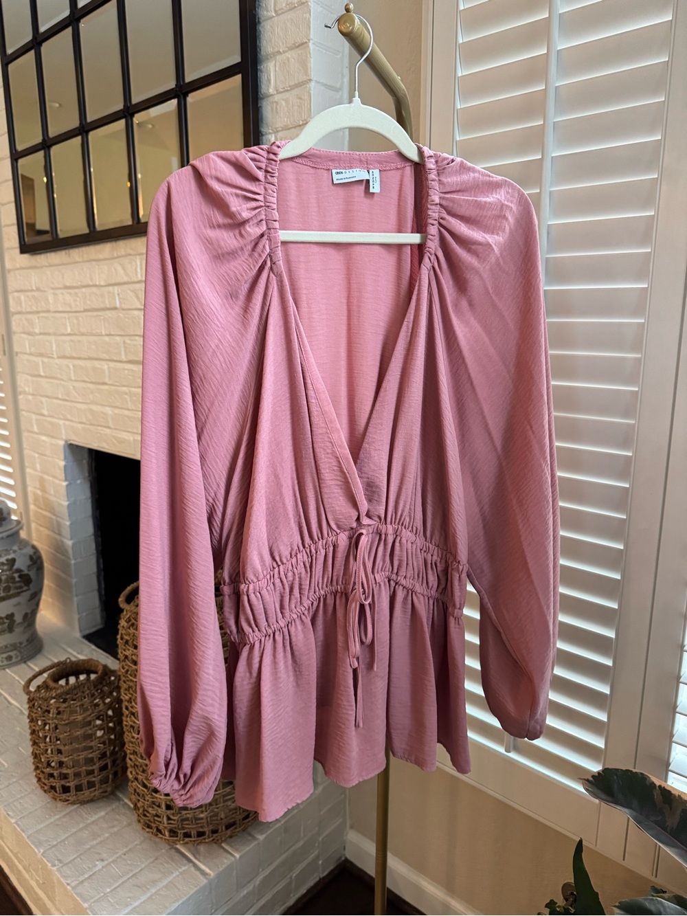 ASOS Long Sleeve V-Neck Top with Kimono Sleeve and Tie Front in Soft Rose